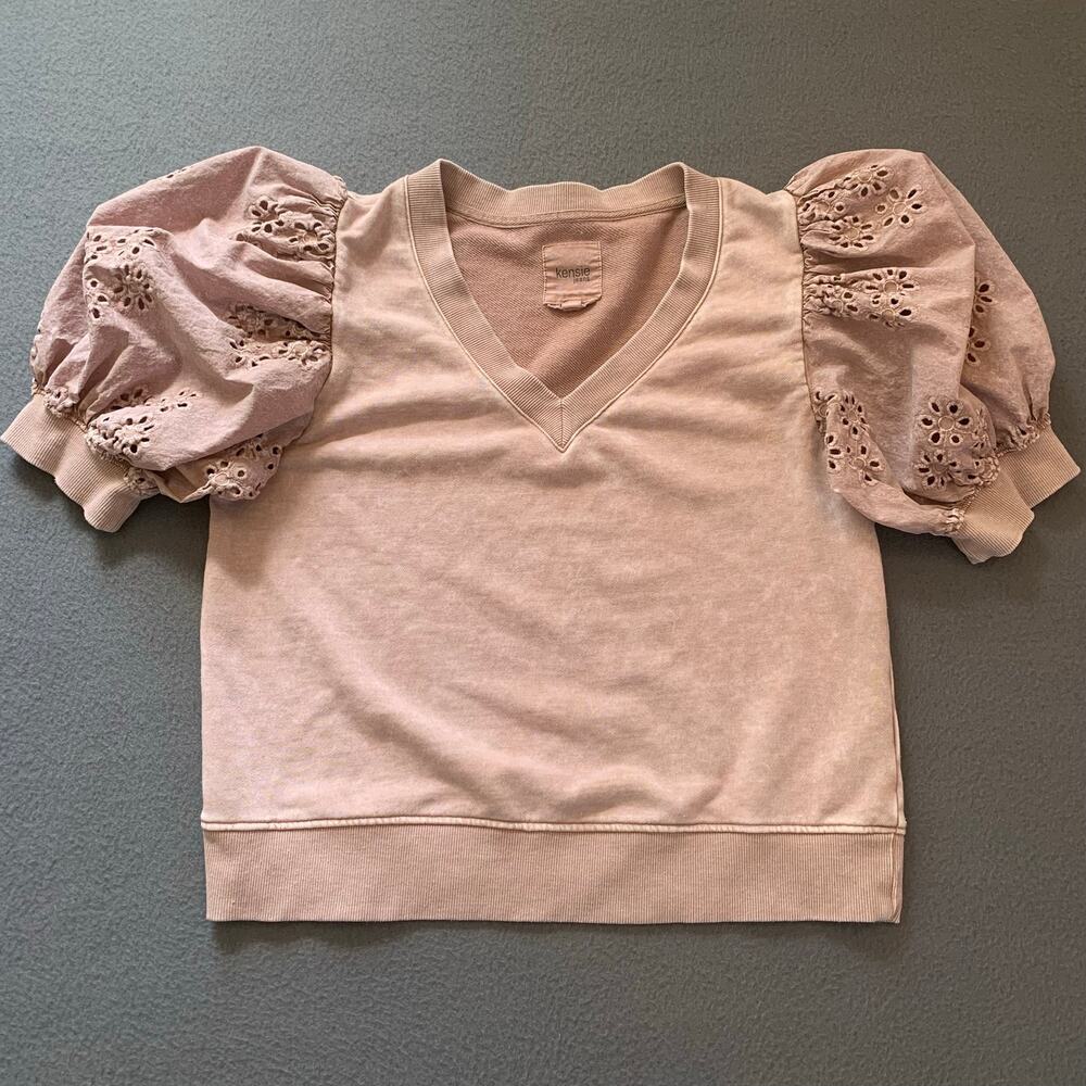 Kensie Jeans Vintage Wash Blush Pink Top Eyelet Puff Sleeve V Neck Cottagecore